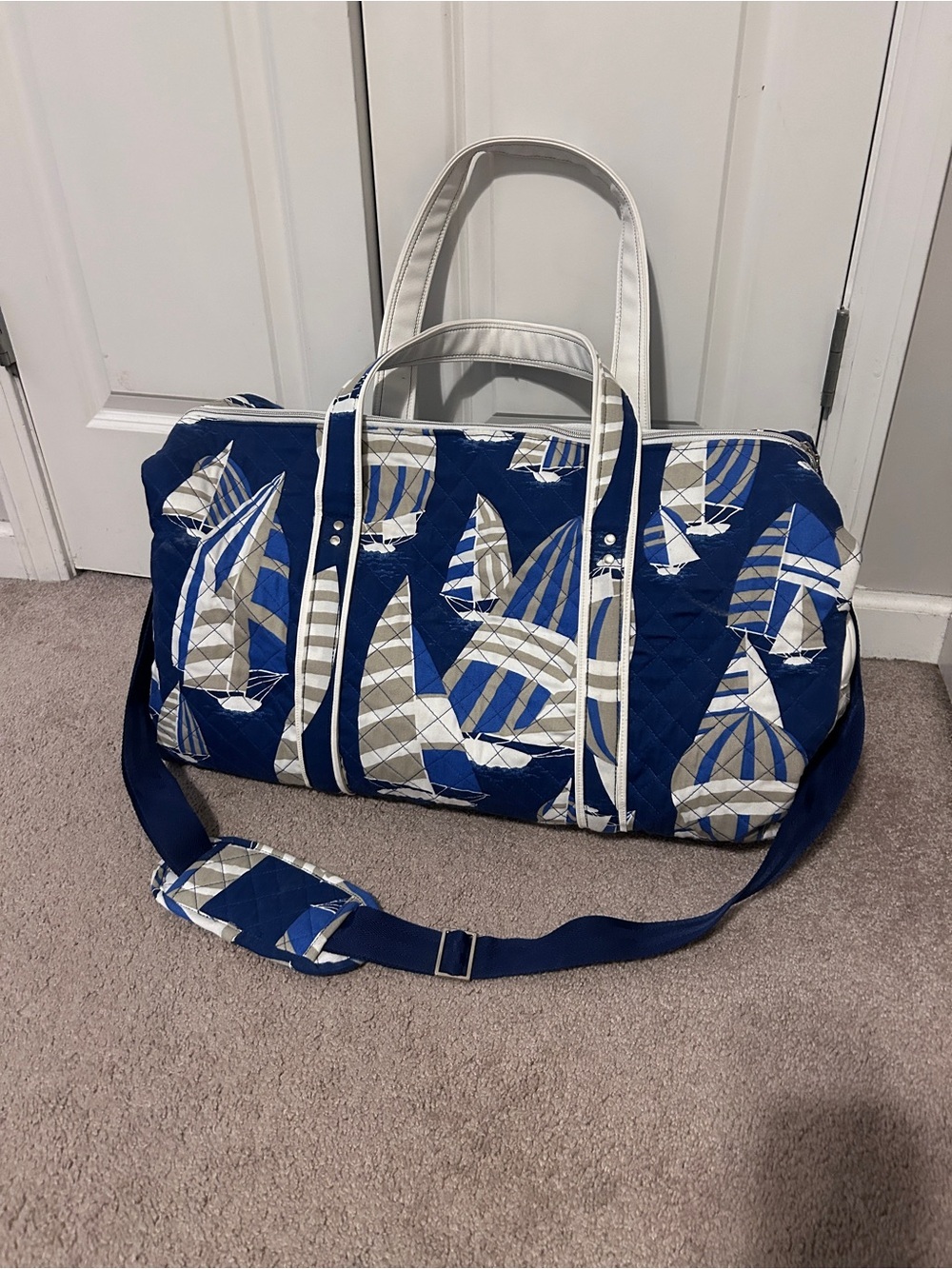 Handmade Nautical Blue Quilted Travel Duffel Bag With Outside Pockets